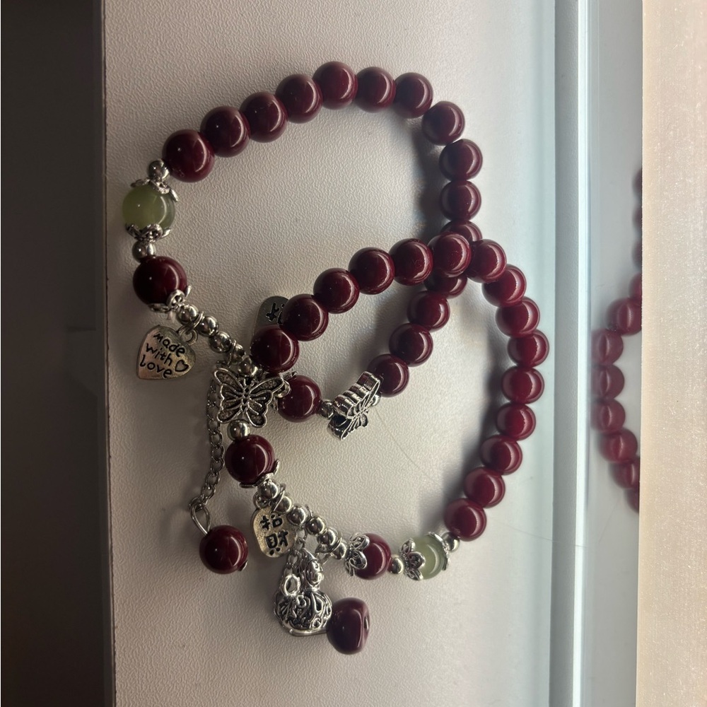 2PC - Elegant Red Beaded Bracelet with Silver Charms